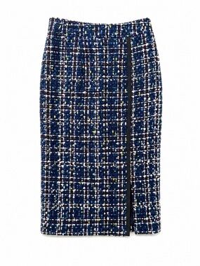 Halogen NWT Tweed Midi Skirt Blue Multi Slit Workwear Quiet Luxury-Size 4